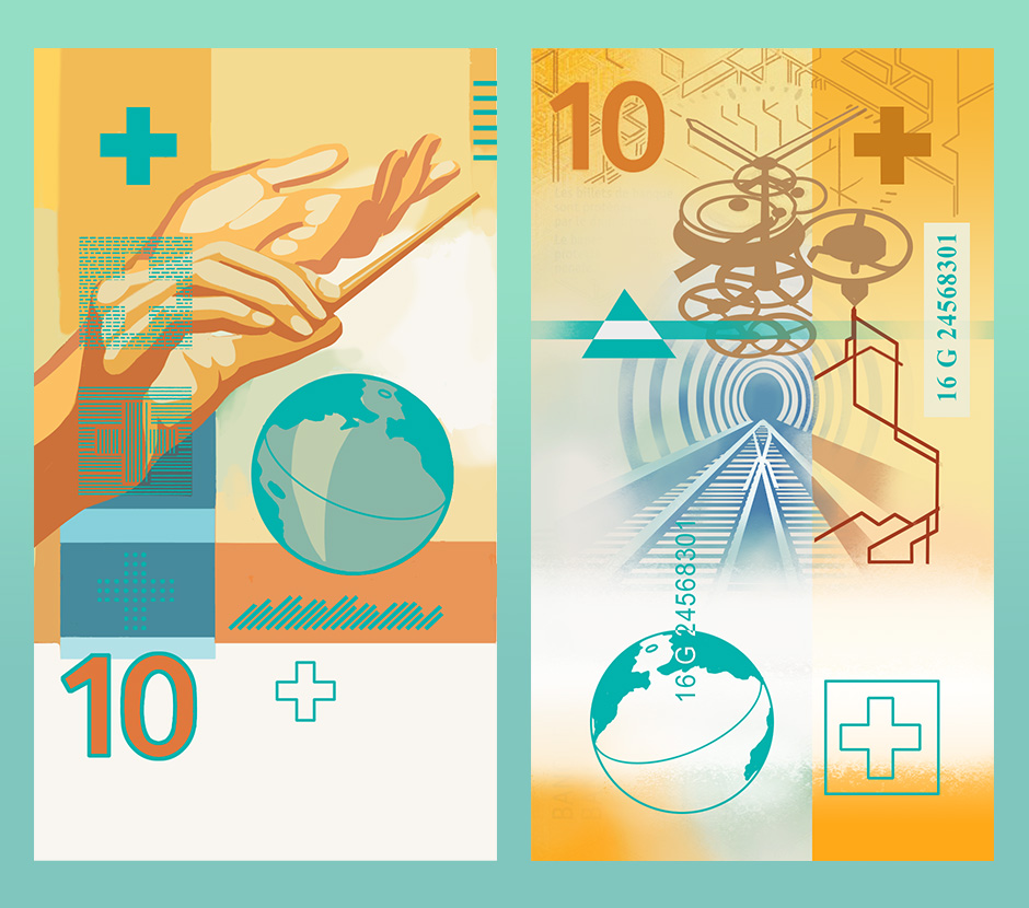 Fronte e retro di una banconota da 10 illustrata in formato verticale.